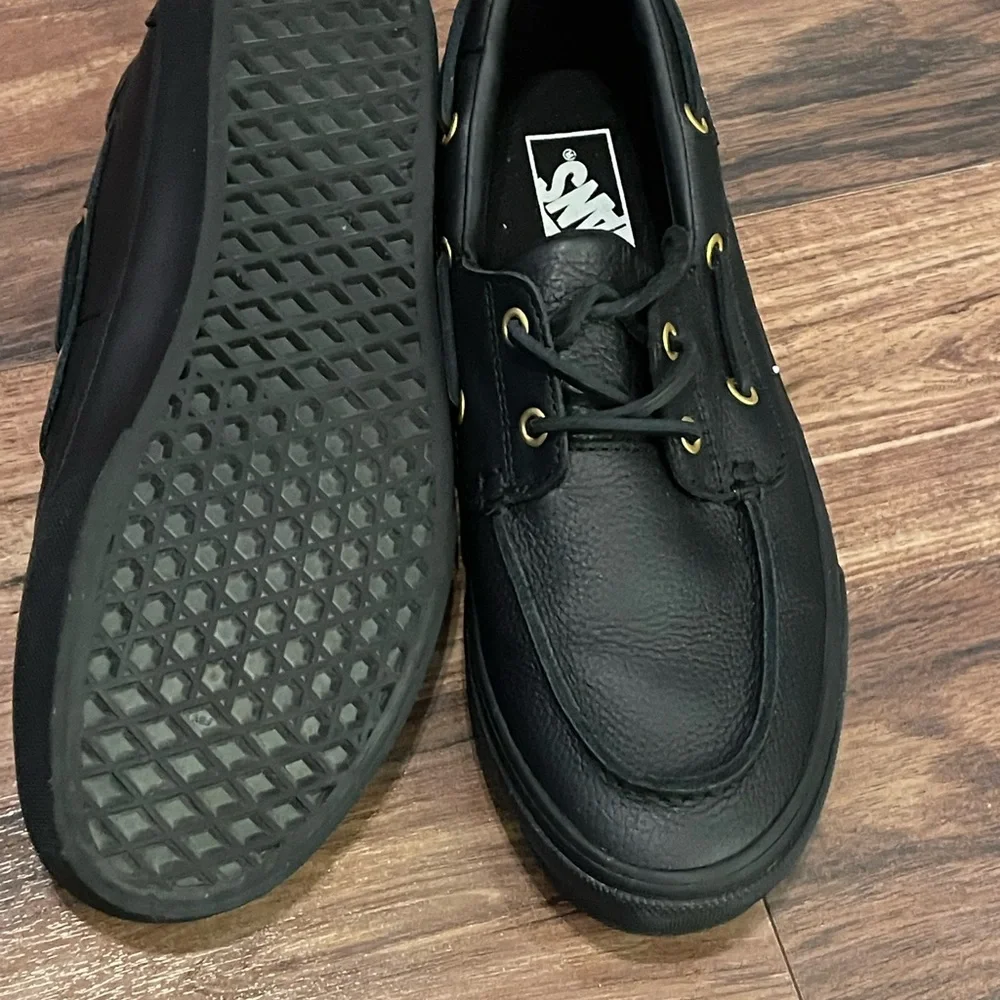 Vans Black Leather Unisex Boat Shoe with Gold Eyelets